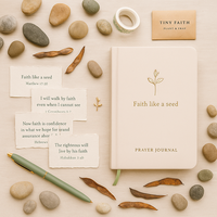 LABON Journal de prière Foi comme une graine Couverture en tissu crème Feuille d'or Design végétal Cahier d'écriture chrétienne avec ruban vert