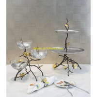 Vaisselle à 2 niveaux en argent avec branche d'arbre et feuille d'or Design Cupcake Dessert Fruit Tray for Parties Decor