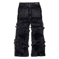 Unisex 2025 Büyük Beden Çok Cepli Nefes Alabilen Gotik Kot Pantolon Sokak Modası Düz Hip Hop Tarzı Kristal İşlemeli Düğmeli