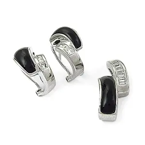 "Baguette Diamond & <b>Silver</b> Onyx Earrings for Women" - Product Image 3
