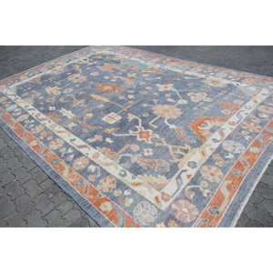 พรมตุรกีขนาดใหญ่พิเศษ 9.3x13.5 ฟุต สีน้ำเงินส้ม ลายอิคัต ทำจากขนสัตว์ - Product Image 2