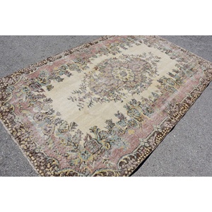 Vintage Turkish Rug 5.7 X 9.1ft Beige <b>Brown</b> <b>Wool</b> Flat Weave Patchwork Pattern for Living Room Decor Hallway Use Latex Backing - Product Image 2