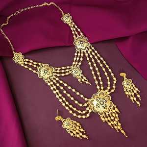 Ensemble de bijoux plaqué or de style Dubaï, collier ras du cou traditionnel multicouche en métal perlé, pendentif, boucles d'oreilles pendantes pour femmes - Product Image 3