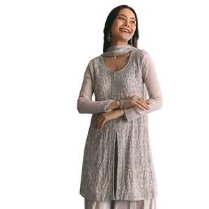 Gris Chinon Cutdana Lentejuelas Bordado Kurta Palazzo Traje Venta al por mayor Mujeres Ropa étnica OEM Ropa Proveedor de fábrica Moda - Product Image 3