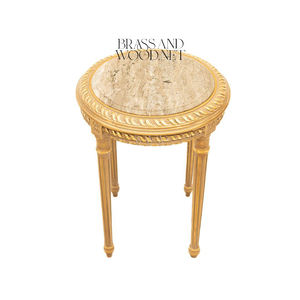 Mesa Auxiliar Redonda de Lujo con Tapa de Mármol Beige Natural y Patas Acanaladas en Oro Antiguo para una Decoración Clásica y Elegante del Hogar - Product Image 1
