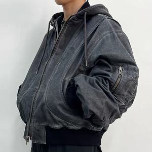 Blouson aviateur personnalisé en toile épaisse pour hommes Nouveau design Vêtements de travail pour hommes Capuche de détresse Teinte à froid Boxy Crop Workers Printemps - Product Image 4