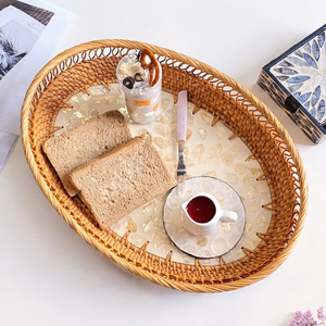 Bandeja de Servir de Ratán con Incrustaciones de Madreperla y Base de Madera para Bodas y Uso Doméstico en Ramadán - Product Image 1
