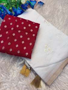 Sari de Seda de Algodón Chandari Puro y Suave con Borde de Zari, Diseño Jacquard Butti en Contraste Puro - Product Image 4