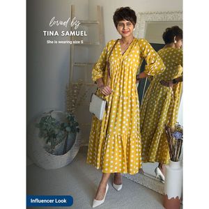 Robe longue vintage jaune à pois en modal - Style décontracté d'été à taille empire - Product Image 4
