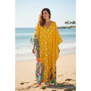 Vestido de Playa Tipo Kaftan para Mujer, Estampado a Cuadros, Largo hasta el Suelo, Cintura Natural, Cuello en V, Corte Holgado, Ecológico, para Verano y Resort - Product Image 1
