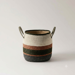 Panier de rangement en jonc de mer tressé à la main marocain avec poignée, motif rayé, pour la maison, le salon, ou comme panier à linge - Product Image 1