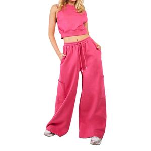 Top corto sin mangas en blanco de lana de algodón 100% de alta calidad, conjuntos de mujer con bolsillos laterales sueltos, pantalón Cargo, conjunto de chándal de 2 piezas para mujer - Product Image 6