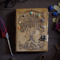 Journal en cuir véritable vintage, arbre de vie, grimoire à sept pierres, carnet avec bordure irrégulière pour sorcières, sorts mystiques