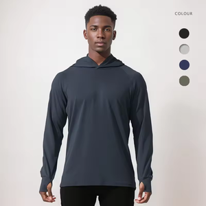 Men's Breathable Quick Dry Sports <b>Hoodie</b> with <b>Thumb</b> <b>Hole</b> Pullover and Front Logo for Running Fitness Training - Product Image 1