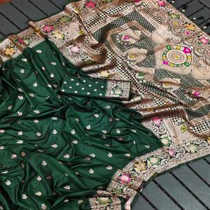 ผ้าซิ่นไหมบาแนรัสแบบนุ่ม VASTRA COTTAGE พร้อมลายปักซารีแบบมีนาการี ผ้าปาลูมีนาการีแบบหรูหรา พร้อมพู่ห้อย ชุดเสื้อผ้าสำหรับผู้หญิง สำหรับงานเทศกาลและงานแต่งงาน - Product Image 5