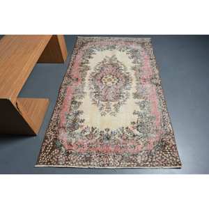 Alfombra turca de área grande Vintage Beige-Rosa 3,7 X 6.4ft Estilo clásico Lana Látex Respaldo Rectangular Patchwork Patrón Alfombra de habitación - Product Image 1