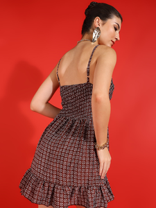 Robe courte en polyester à imprimé floral marron pour femmes avec un design sans manches et col en V, style évasé et ajusté pour un look tendance - Product Image 5