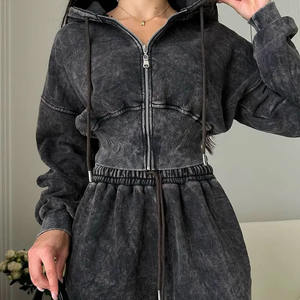 Women's Luxury Hooded Acid Wash Fleece Zip Hoodie Jogger Set Cropped Fit High Waist Streetwear Style 100% Cotton Winter - Product Image 3