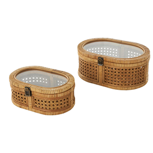 Cesta de almacenamiento tejida de ratán de forma ovalada (Juego de 2) cajas de joyería de caja de ratán con tapa de Mica decoración de caja tejida apilable de Vietnam - Product Image 6