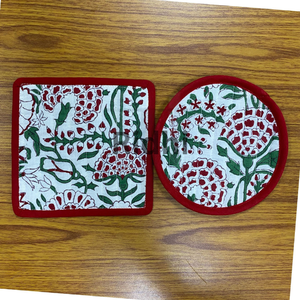 Red Green Eco-Friendly Cotton Quilted Piping <b>Drink</b> <b>Coasters</b> 5x5" Handmade Block Print Tea Mug Mats Boho Table Decor Kitchen - Product Image 1