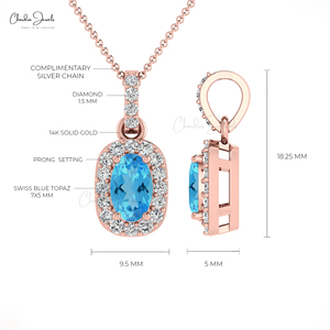Pendentif Halo en topaze bleue suisse de haute qualité 7x5mm pendentif en pierre précieuse taille ovale pendentif Solitaire en diamant en or véritable 14 carats pour la vente en gros - Product Image 5