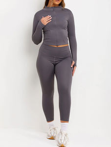 Magnifique ensemble de gymnastique 2 pièces pour femme veste à glissière à manches longues et leggings taille haute pour l'entraînement, le yoga et le fitness - Product Image 5