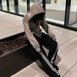 Sweat à capuche surdimensionné en éponge pour hommes, poids lourd 500gsm, délavé à l'acide, double fermeture à glissière, strass, vêtements de rue brodés en détresse - Product Image 6