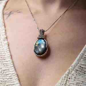 Handmade <b>Boho</b> Labradorite Pendant <b>Necklace</b> Natural Gemstone Sterling Silver Vintage Style Gold Plated Gift - Product Image 2