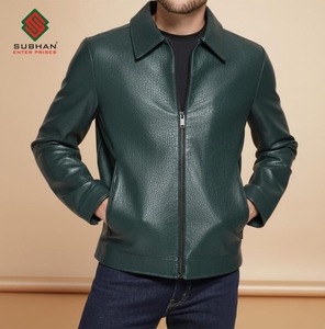 Blouson aviateur en cuir synthétique vert olive, décontracté d'hiver, col mandarin, fermeture éclair, uni - Product Image 3