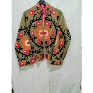 Blouson bomber matelassé en coton Khadi avec broderie florale - Style vintage, logo personnalisé, coupe courte, unisexe, toutes saisons - Product Image 1
