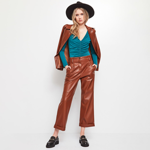 <b>Women's</b> Stylish Lightweight Faux Leather Long <b>Sleeve</b> T-Shirt Brown Comfortable Fit <b>for</b> Office or Street Fashion - Product Image 4