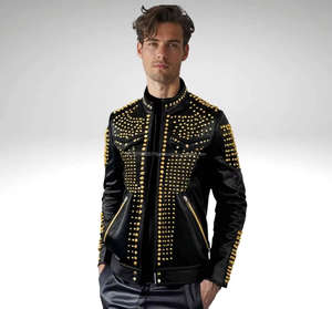 Chaquetas de Cuero Genuino Negro Hechas a Mano para Hombre, Chaqueta Estilo Rockero Punk con Tachuelas Doradas para Hombre, Ropa Urbana - Product Image 3