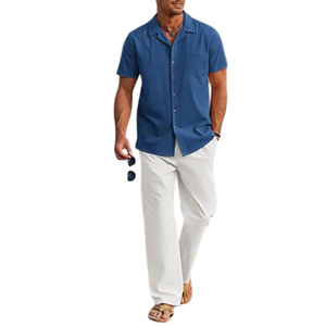 Haute qualité en gros hommes formel été 2 pièces polaire respirant tenue plage-inspiré bouton chemise pantalon ample ensemble bouton - Product Image 4