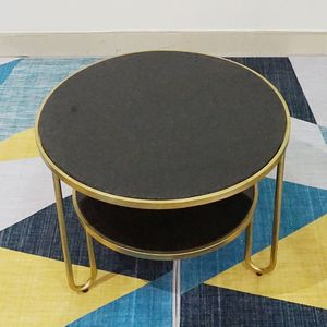 SFBT008-Modern 2-Tier Round <b>Sofa</b> <b>Table</b> with Tempered Glass Top Gold Bronze Frame Marble-Faced Bottom - Product Image 4