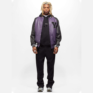 แจ็กเก็ตเลตเตอร์แมนเบสบอลแนววินเทจที่มีแขนยาวและคอตั้งวัสดุหนังลายการ์ตูน - Product Image 1