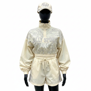 Conjunto Corto de Chaqueta Cortavientos para Mujer, Tejido de Poliéster y Nailon Suave con Logotipo Personalizado de Pedrería, Chaqueta Cortavientos Transpirable para Mujer - Product Image 1