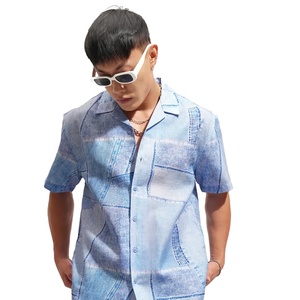 Wholesale Top Quality Light Blue Printed Men's Casual Shirt Short Sleeve Button Up Turn-Down Collar Boxy Fit Summer Weary - Product Image 1