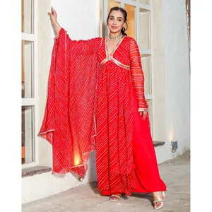Conjunto de Salwar Kameez Bandhani Rojo Estilo Bollywood Pakistaní Vinaya, Tela de Chifón Puro, Ropa Étnica para Festivales, Cosido - Product Image 6