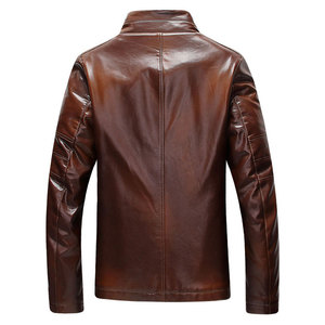 Brown Cow Leather PU Men's Windproof Jacket Sherpa Lined Stand Collar <b>Zip</b>-<b>Up</b> Regular Fit Winter Outerwear with Logo - Product Image 2