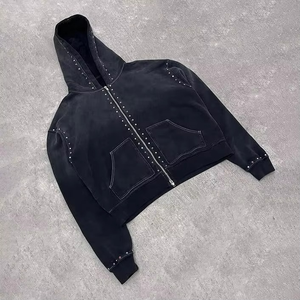 Ensemble de survêtement d'hiver personnalisé pour homme, effet délavé, avec broderies, pantalon de survêtement à coupe évasée, sweat à capuche zippé, strass, 100% coton - Product Image 5