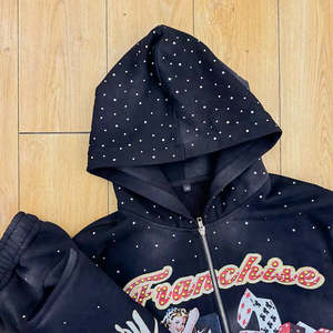 Ensemble de survêtement streetwear automne en coton délavé à l'acide avec broderie et strass, motif graphique personnalisé, pantalon évasé délavé et sweat à capuche zippé - Product Image 5