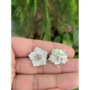 925 Silver Rhodolite Floral Stud <b>Earrings</b> with Zircon Pearl Diamond Classic Trendy Alloy Jewelry for Wedding Party or Gift - Product Image 1