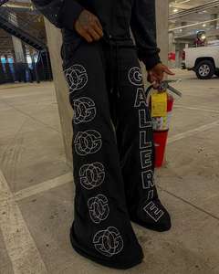 Rhinestone Printed Acid Wash Cotton Heavyweight Winter Streetwear Flare Tracksuit Custom Graphic Zip Hoodie Wide Leg Sweatpants - Product Image 4