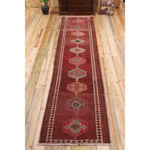 Vintage Turkish Rug 2,7x11,<b>9</b> ft, Red Herki Southwestern Rug - Product Image 1