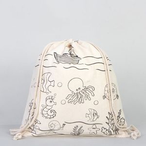 14 W X 16 H (35x 40 Cm) Reusable <b>Drawstring</b> Tote Bag Fish & Boat Printed Dyeable with Felt-tip Pen Cartoon Pattern - Product Image 3