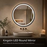 Kingstin Miroir Salle de Bain LED Rond Inox pour Hôtel Maison, Désembreur et Heure Personnalisés, Livraison Sécurisée