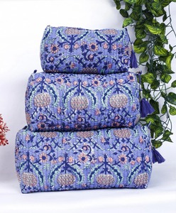 Eco-Friendly Cotton Travel Pouch Set Handmade Quilted <b>for</b> Toiletry Bag 3 Large Capacity Zipper Case Block Print Design - Product Image 1