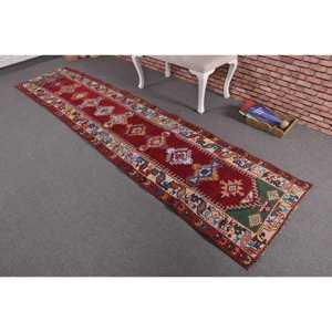Alfombra de 2.6x10.7 pies, Alfombra Turca Herki, Alfombra Floral de Lana Roja Vintage - Product Image 2
