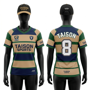 Camiseta de Rugby para Mujer, 180 GSM, Tejido de Poliéster Transpirable, Diseño de Paneles con Rayas en Azul Marino, Verde y Beige, Sublimación, Logotipo Personalizado - Product Image 1