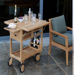 Chariot de service extérieur pliable en teck, avec plateau extensible, tiroir de rangement, porte-bouteilles, disponible à prix de gros - Product Image 1